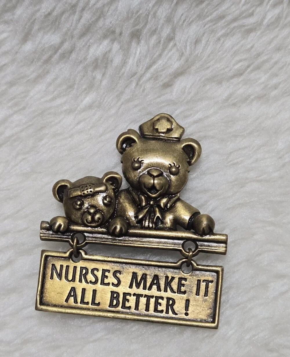 Nurses Make It All Better Bears Vintage Pewter Pin Brooch Signed JJ